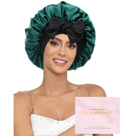 Ufgin 100% Mulberry Silk Bonnet for Sleeping Women Double Layer Silk Hair Bonnet Natural Silk Sleep Cap with Elastic Reversible Hair Wrap (Black+Green)