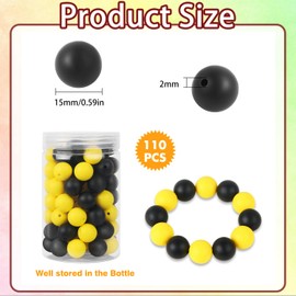 110 Pcs Silicone Focal Beads, EVERMARKET 15mm Silicone Beads for Keychain Making, Round Silicone Beads Bulk with Bottle, Rubber Loose Beads for Pens Crafts Necklace Bracelet Lanyard (Black Yellow)