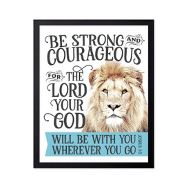 Poster Master Motivational Poster - Christian Print - Gift for Religious, Friend - Be Strong and Courageous, Lion, God, Joshua, Bible Verse - Wall Decor for Home, Office, 16x20 Black Framed