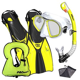 Snorkel Fins Mask Snorkeling Set w/Vest Jacket, Yellow, MLXL