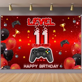 Level 11 Unlocked Backdrop Banner Decorations Video Game On Happy 11th Birthday for Boys Kids Red and Black 11 Years Old Level Up Theme Bday Background Photography Party Decor Sign Supplies