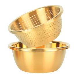 Snailhouse Colander with Mixing Bowl, 2QT 304 Stainless Steel Kitchen Rice Pasta Strainer for Washing Vegetables and Fruit, Gold