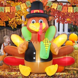 Kofero Inflatable Turkey 6FT Height Thanksgiving Decorations Outdoor Blow Up Turkey Giant with Corn and Pilgrim Hat Led Light for Happy Fall Harvest Holiday Indoor Outside Autumn Décor
