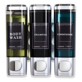 Shampoo and Conditioner Dispenser -Wall-Mounted Refillable 3-Chamber Shower Soap Dispenser,No-Drill, for Bathroom, Kitchen, Hotel,3 x 300ML (Silver)