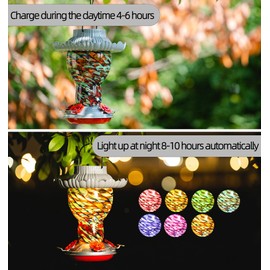 Laelvish Garden Solar Hummingbird Feeder for Outdoors Hanging Ant and Bee Proof, 25oz Color Changing Light Hand Blown Glass, Leakproof Garden Decor, Gitfs for Bird Lover (Multicolored)