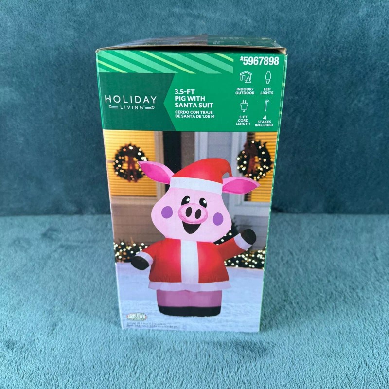 Holiday Living 3.5 Ft Pig With Santa Suit Inflatable Decoration