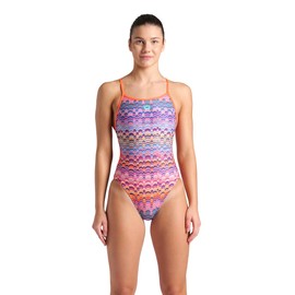 ARENA Performance Women's Ondulation Swimsuit Lace Back Thin Straps One Piece Training Suit Ladies Pool Bathing Suit Sports Swimwear, Multi Violet/Bright Coral, US Size 32