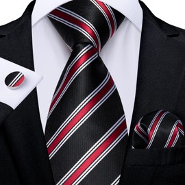 DiBanGu Black Red Stripe Tie for Men Silk Black Red Necktie Pocket Square Cufflinks Set