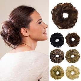 Yamel Messy Bun Scrunchie Human Hair Tousled Updo Hair Pieces Chignon Hairpiece Natural Rich Brown Wavy Curly