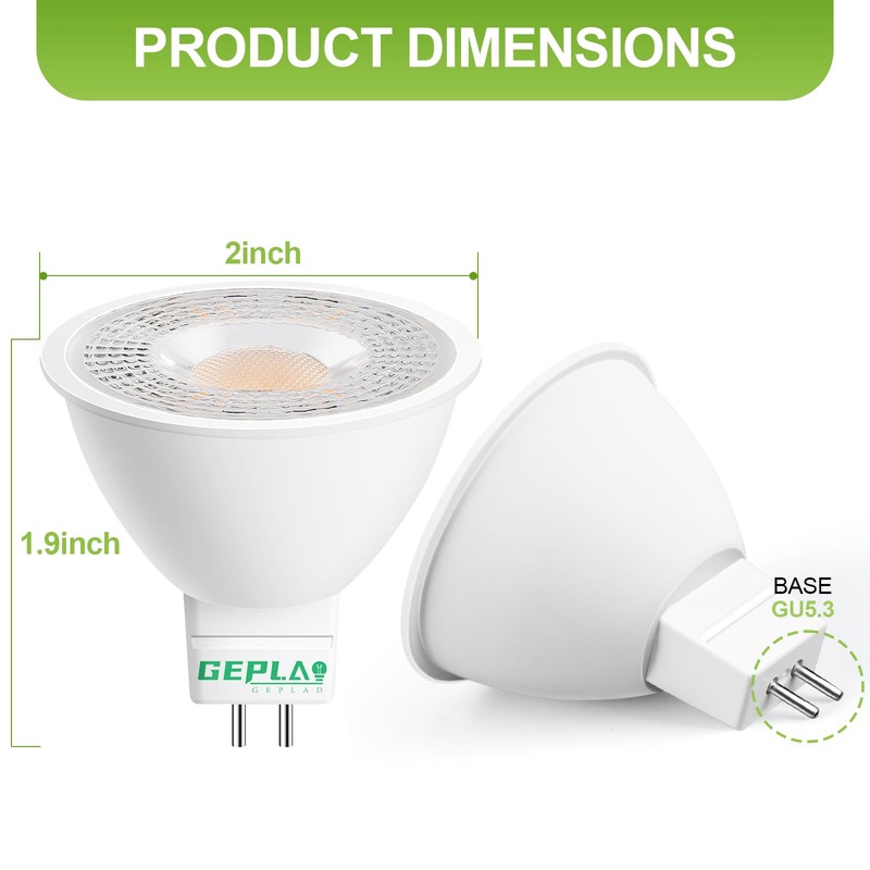 GEPLAD 12 Pack MR16 LED Bulb,GU5.3 Bi-Pin Base LED Bulbs,