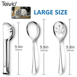 Teivio Stainless Steel Metal Serving Utensils - Large Set of 9-10" Spoons, 10" Slotted Spoons, and 9" Tongs (Silver)