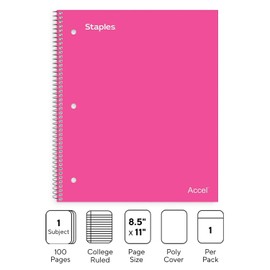 STAPLES Durable Poly Cover 1 Subject Notebook College Ruled 8-1/2-Inch x 11-Inch Pink