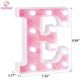 EUFONY LED Pink Glitter Marquee Light Up Letter E, Cool White Lights Alphabet Letters for Girls' Bedroom, Wall & Table Decor, Battery-Powered Letter Sign for Birthday Party, Wedding, Room Decorations