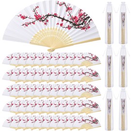 Roowest 50 Pcs Cherry Blossom Hand Fans Chinoiserie Favor Kit Folding Chinese Japanese Hand Fans Retro Paper Fan with Organza Bag Summer Wedding Party Supplies Bridal Shower Gifts for Guests