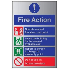 V Safety General Fire Action Prohibition/Safe Lifts Sign - 200mm x 300mm - 3mm Brushed Alu Comp