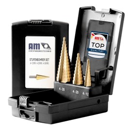 AM-Zerspanungstechnik HSS TiN Step Drill Bit Set 3 Pieces | Peeling Drill Bit Set | Step Drill Metal, Wood, Plastic | Cone Drill (Set of 3 Diameter 4-12 | Diameter 4-20 | Diameter 4-30)
