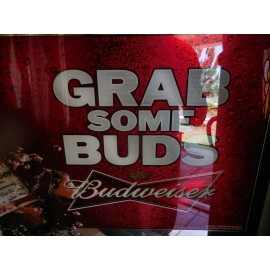 Budweiser Anheuser Busch "Grab Some Buds" Bar Pub Reflective Glass Mirror Sign