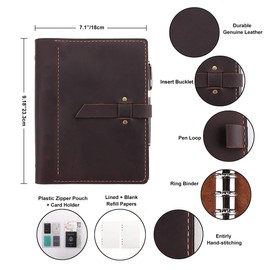 Refillable Leather Journal Writing Notebook, A5 Leather Travel Journal with Pockets, Vintage 6 Ring Binder Organizer Planner Portfolio, Best Travel Gifts - Coffee