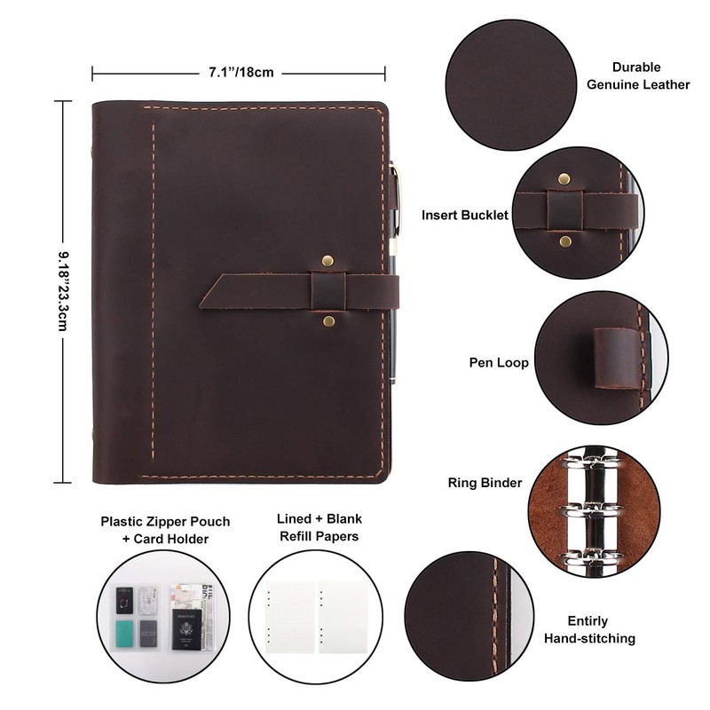 Refillable Leather Journal Writing Notebook, A5 Leather Travel Journal with
