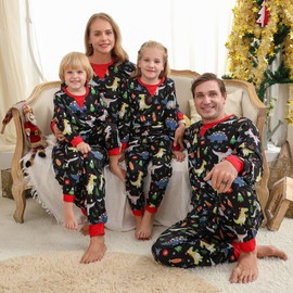 Holiday Family Christmas Pajamas Matching Pjs Set Long Sleeve Cotton Pajamas Pants Sleepwear Loungwear Dinosaur Pajamas for Women S