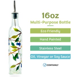 Containly Glass Olive Branch Oil/Vinegar Glass Cruet for Kitchen, 16 oz Olive Oil Dispenser With Stainless Steel Spout for Easy Pouring