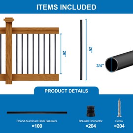 100 Pack 26" Aluminum Deck Balusters Deck Railing Spindles, 3/4" Diameter Hollow Deck Railing Deck Spindles Connectors & Screws for Railing Fencing Porch Staircase Stair Spindles(100, Round-26)