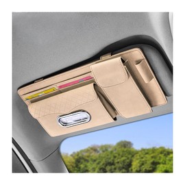 JNNJ Car Sun Visor Organiser, Card Holder, Adjustable Sun Visor Organiser, Car Multifunctional Storage Bag for Sunglasses, Bank Cards (Beige)