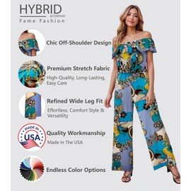 Hybrid & Company Women Casual Off Shoulder High Waist Pants Romper Wide Leg Jumpsuit KPVJ47696 I219950 BROWNMULTI M