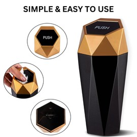 Car Trash Can with Lid, Small Automatic Portable Cup Holder Trash Can, Diamond Design Easy to Clean, Leakproof Used in Car Home Office (Champagne)
