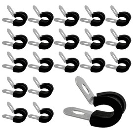 KLINNA Pack of 20 6 mm Pipe Clamps Made of 304 Stainless Steel, P Clips & Cable Clamps with Rubber Insert, Vibration Dampening Screw Pipe Clamp for Pipes