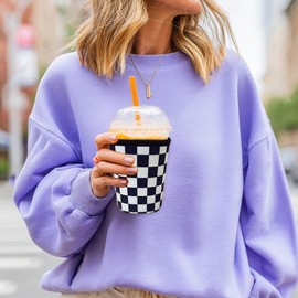 Reusable Insulated Neoprene Iced Coffee Cup Sleeve, Durable Drink Sleeve for Cold Beverages, Beverage Holder for iced coffee, Checker Grid