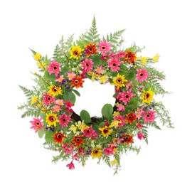 Spring Summer Wreaths for Front Door,22 Inch Artificial Spring Summer Daisy Wreath with Wildflowers,Eucalyptus Leaves for Indoor Outdoor Wall Porch Festival Farmhouse Home Holiday Decor.