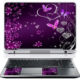 Meffort Inc 14 Inch Laptop Skin Sticker Cover Art Decal Decorative Stickers (Included 2 Wrist Pads) - Purple Butterfly Heart