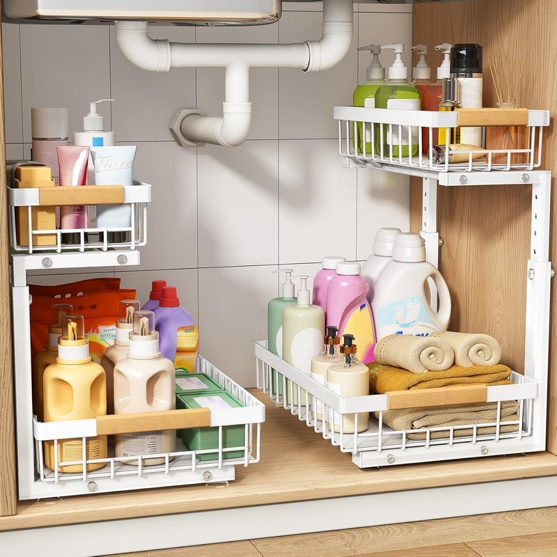 PXRACK Under Sink Organizer, Adjustable Height, 2 Tier Pull Out