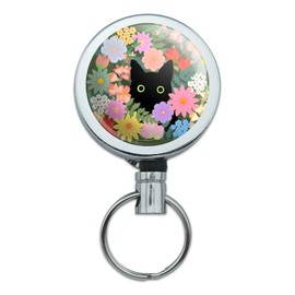 Black Cat Hiding in Spring Flowers Heavy Duty Metal Retractable Reel ID Badge Key Card Tag Holder with Belt Clip