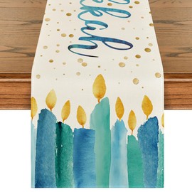 Artoid Mode Watercolor Candle Happy Hanukkah Table Runner, Jewish Menorah Chanukah Holiday Kitchen Dining Table Decoration for Indoor Outdoor Home Party Decor 13 x 108 Inch