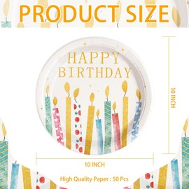 50 Pcs Candles Birthday Paper Plates 10 Inch Birthday Large Heavy Duty