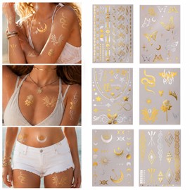 Gold Temporary Tattoos 6 Sheets Festival Metallic Body Tattoos Gold Flash Tattoos Adult Metallic Gold Tattoo Waterproof for Festival Christmas Party Halloween Women Girls Adults