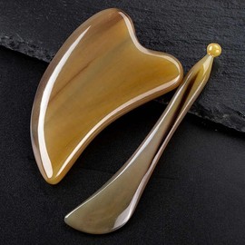 Buffalo Horn Gua Sha Tool for Face Acupressure Lymphatic Circulation Scraper 9-10mm Thickness x Band x Massage Comb