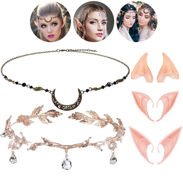 Halloween Moon Head Chain Crescent Forehead Chain and Rhinestone Leaf Wedding Tiara Crown Headband 5 Fairy Elf Ears (Rose Gold)