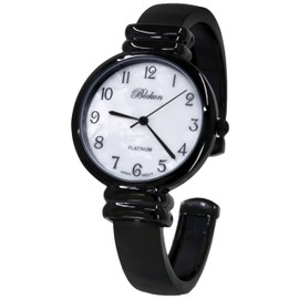 Blekon Women's White/Black Mother of Pearl Cuff Bracelet Watch with 31mm Case, Japanese Quartz Movement, Metal Hinged Bangle Style Cuff Wrist Watch