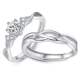 Engagement Rings Pair 925 Sterling Silver Love Heart Partner Rings Wedding Rings Wedding Engagement for Men and Women Adjustable Size Carven Lovers Promise Rings Jewellery Gift, Sterling Silver