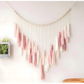 COREFUN decoracion pared, macrame decoracion pared, 100cm*80cm, decoracion otoño, adornos para sala, Bohemia Tejida a Mano, con Borlas Largas, cuentas de madera, colgantes decorativos (Blanco rosa)