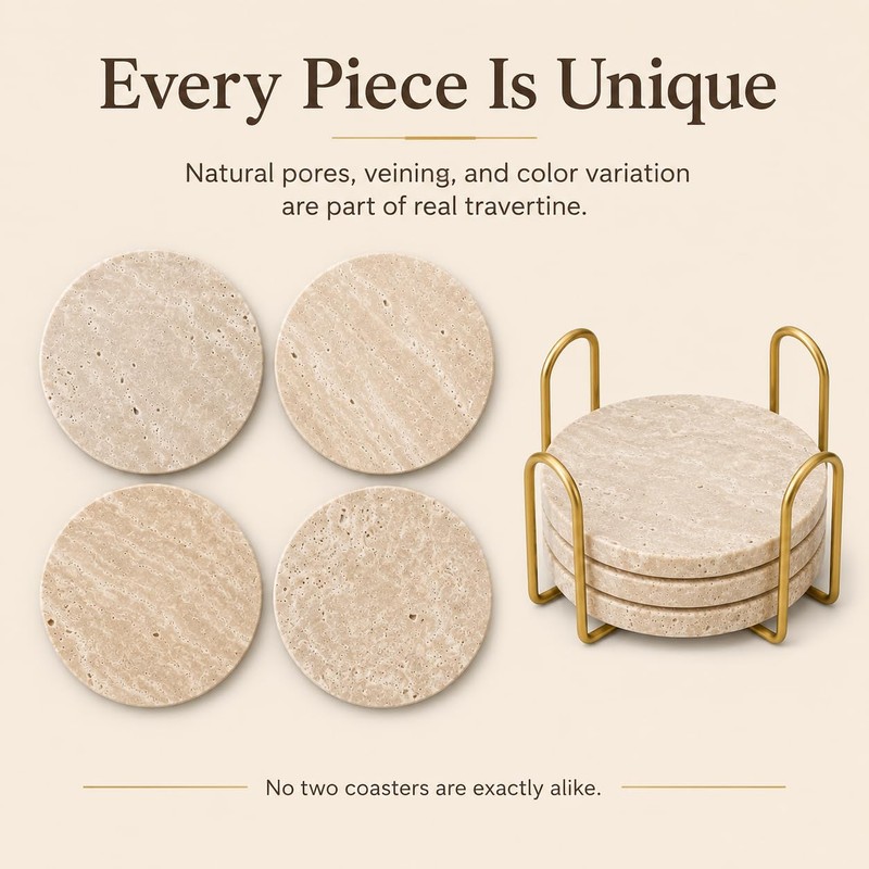 Travertine Coasters with Gold Holder, Set of 4 Natural Stone,