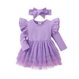Baby Girl Ruffle Sleeve Romper Dress Outfit Newborn Princess Tulle Dresses Infant Jumpsuit Tutu Skirt Set Clothes (Purple-Long Sleeve, 12-18 Months)