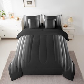 Feelyou Geometric Abstract Ombre 7 Piece Bedding Set Men Adults Teens Grey Gray and Black Striped Comforter Set with Sheets Kids Boys Girls Simple Modern Bed in a Bag Bedding Twin