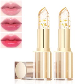 TRWLCFF 2Pcs Transferproof Color Changing Lipstick, Clear Gold Crystal Colors Changing Lipsticks, Deep Nourishment Formula, Long Lasting Moisturizing Glossy Shine Clear Lip Color for Women