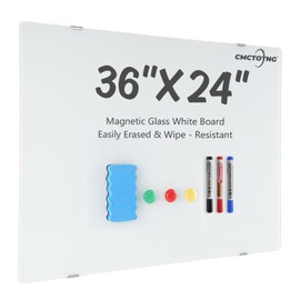 CMCTOTNG Magnetic Glass Whiteboard Glass Dry Erase Board 36''W X 24''H Hanging Big White Board Frameless Marker Board Office for Wall White Surface