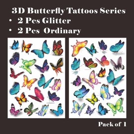 Womaha 4 Sheets A5 Temporary 3D Butterfly Glitter Tattoos for Women and Girls Small Body Tattoo Face Stickers