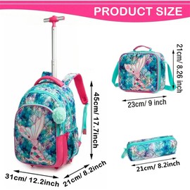 Girls Rolling Backpack for School Kids Wheeled Bookbag Set with Lunch Box Primary School Carry On Luggage with Wheels for Elementary Students Mermaid Daypack for Travel (12802T-3 Mermaid)